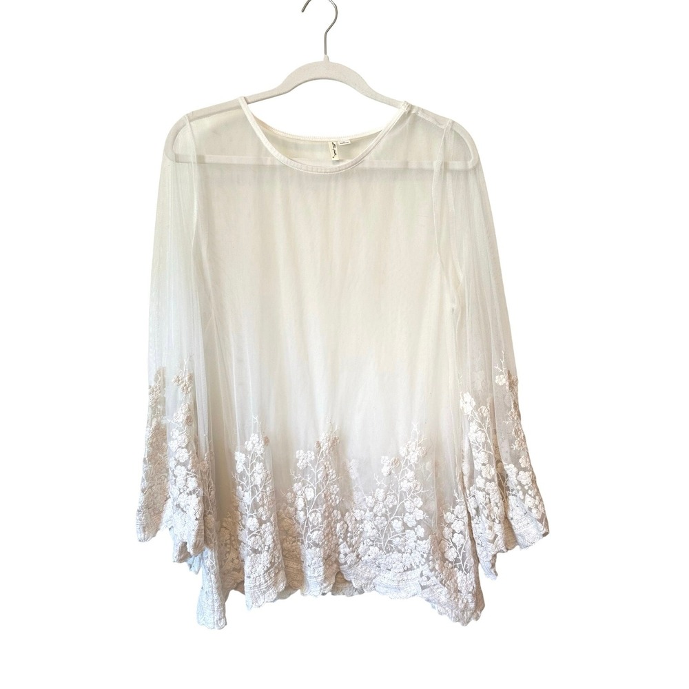 Ultra Pink Sheer Mesh Top with Embroidered Hem; Festival, Indie, Cottagecore‎ XL